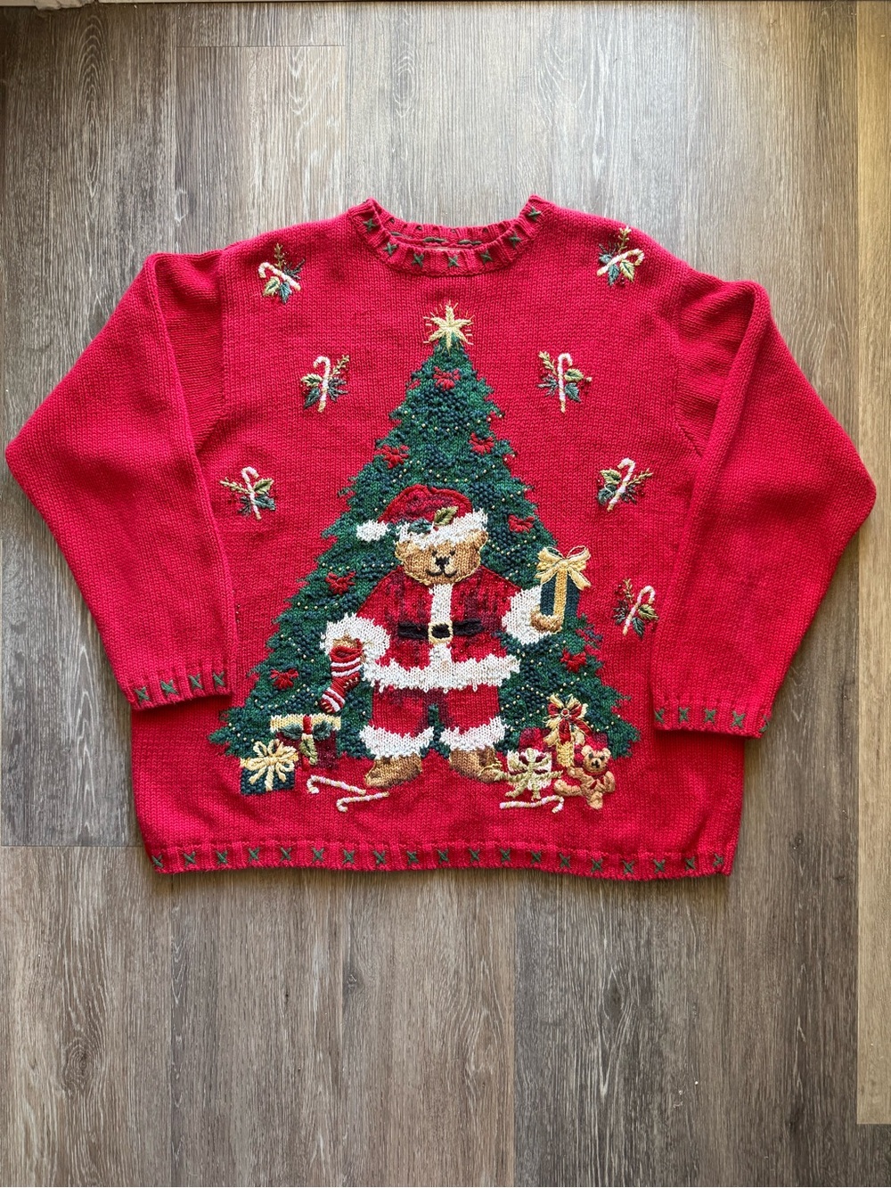 Vintage Plus Size Fashion Bug Red Christmas Teddy Bear Tree Sweater